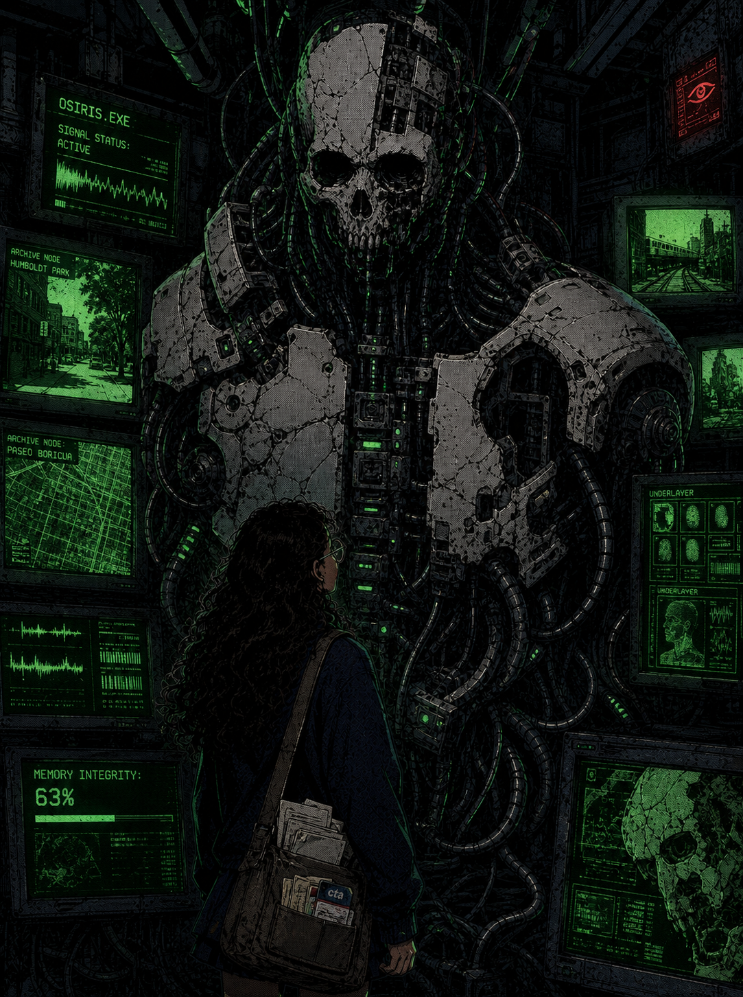 A traveler facing a colossal skeletal archive machine surrounded by green memory monitors