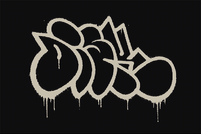 Dithered graffiti-style OSIRIS mark on a black field