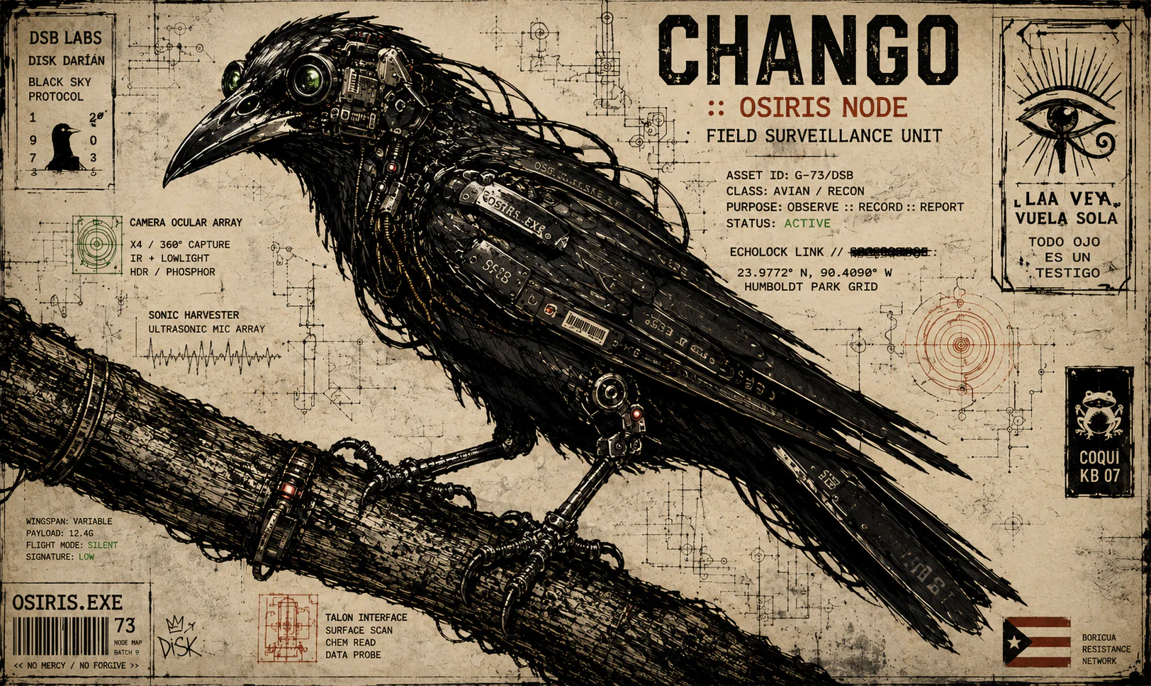 Chango cybernetic field-surveillance bird schematic for OSIRIS node 73
